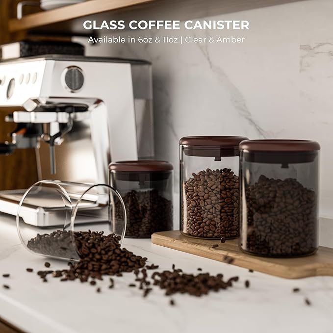 Clear Glass Coffee Container 2-Pack with Pop Lids & Valves - Airtight Canister for Freshness, See-Through Pantry Organization - Storage for Coffee Beans, Cereal & Dry Food, 6OZ Countertop Jar
