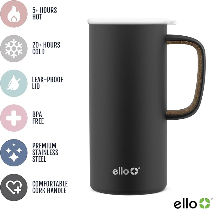 Ello Campy Travel Mug 18oz Vacuum Insulated | Leak-Proof Slider Lid | Carry Handle | For Hot & Cold Drinks | Matte Black | Pack of 6
