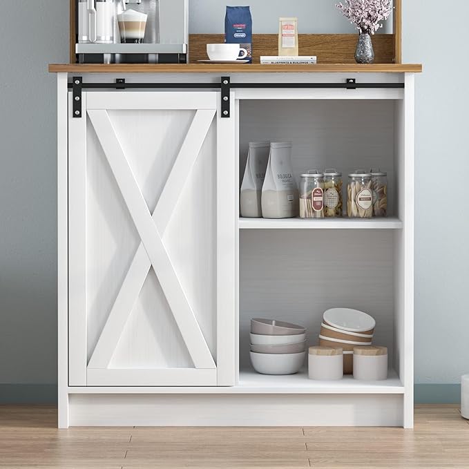 Farmhouse Coffee Bar with Hutch, White Coffee Bar Cabinet with Storage Sliding Barn Door, 31 Inch Buffet Cabinet with 6 Hooks, Coffee Bar Table with Adjustable Shelves for Living Dining Room