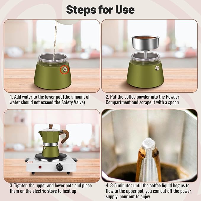 Vaolvpant 6 Cup Aluminum Moka Pot Classic Stovetop Espresso Coffee Maker 300ml 10oz Coffeemaker Percolator Mocha Pot Greca Coffee Maker Cafe Makers for Italian and Cuban Café Brewing Green