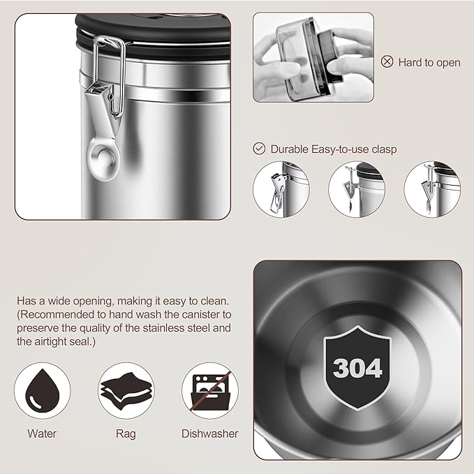 ShanSon Coffee Canister Airtight Coffee Container Stainless Steel Coffee Bean Storage Container with Scoop Coffee Canister for Beans Grounds Sugar Flour Tea Cereal,22OZ,Silver