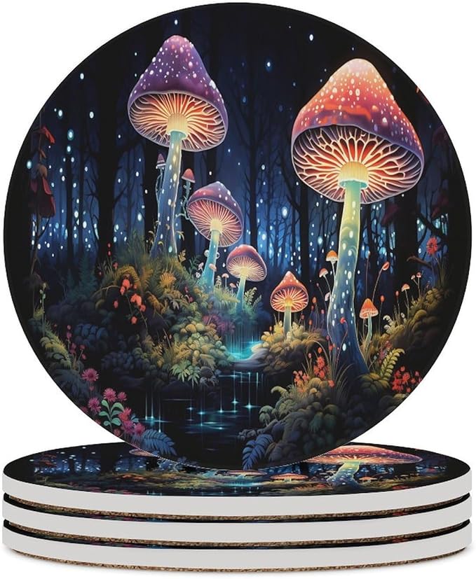 Botanical Drink Coasters, Round Ceramic Drink Coaster Round-4PCS, Fantasy Colorful Cartoon Style Abstract Mushroom Print Decor Absorbent Ceramic Coasters for Beverage Cup, Bar, Coffee Table
