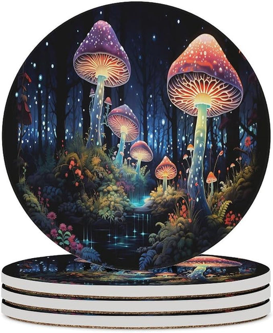 Botanical Drink Coasters, Round Ceramic Drink Coaster Round-4PCS, Fantasy Colorful Cartoon Style Abstract Mushroom Print Decor Absorbent Ceramic Coasters for Beverage Cup, Bar, Coffee Table