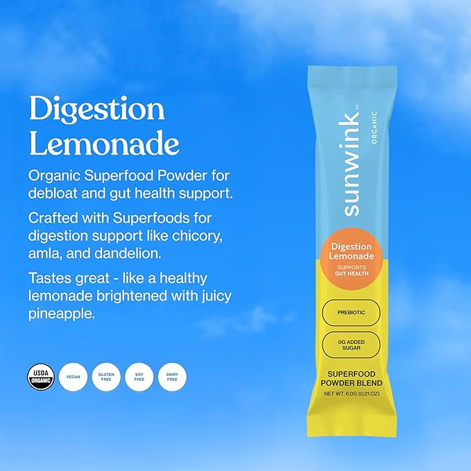Sunwink Digestion Lemonade Powder-Organic Superfood Powder for Debloat & Gut Health-Plant-Based Support for Digestive Health with Amla Powder, Dandelion & Chicory Root Extract (6g Each, Pack of 15)