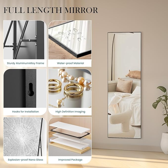 NEWBULIG Full Length Mirror, Upgraded Body Wall Mirrors with Shatter-Proof Glass, Floor Standing Mirror, Home Wall Decor