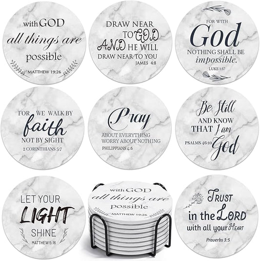 Billbotk Ceramic Coasters with Bible Verses, Coasters Set of 8 with Holder, Absorbent Drink Coasters for Home Decor and Christian Gifts, 4 Inches