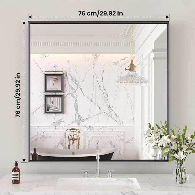 LOAAO Black Bathroom Mirror 30"X30" for Wall, Rectangle Bathroom Vanity Mirror, Tempered Glass, Hangs Vertically or Horizontally, Easy to Install, Modern Design