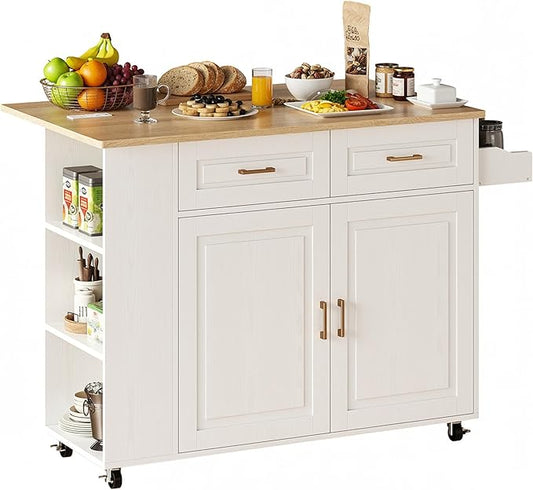 IRONCK Kitchen Island with Power Outlet & Drop Leaf, 47.2" Width Rolling Kitchen Island on Wheels with Storage, Mobile Kitchen Island Cart with Spice Rack, Open Shelves and Drawer, White