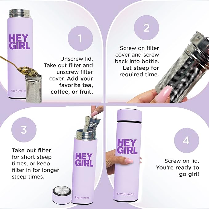 Hey Girl Tea Infuser Bottle 450ml - Insulated Stainless Steel Water Bottle - Tea Tumbler with Tea Diffuser - Portable Travel Mug for Loose Leaf Tea & Infused Water - Tea Lovers Gifts for Women