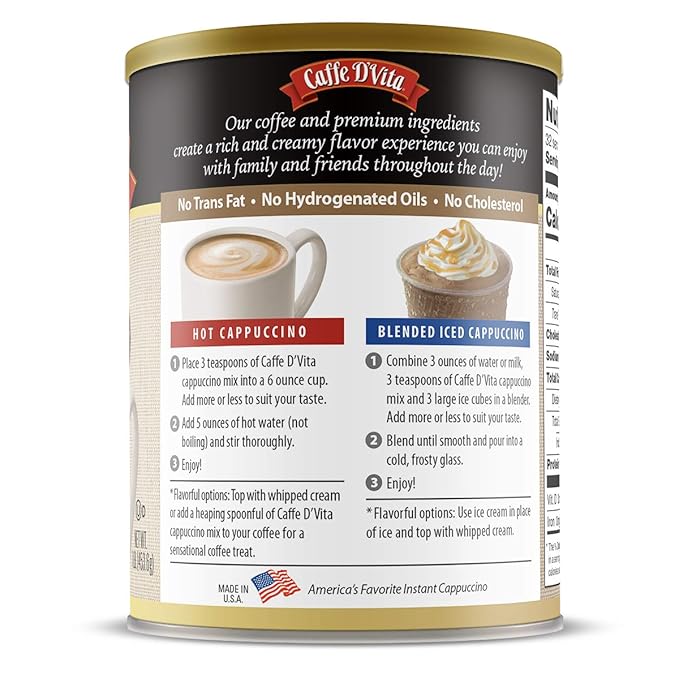 Caffe D'Vita Amaretto Cappuccino Mix - No Cholesterol, No Trans Fat, 99% Caffeine Free, Gluten Free, Instant Cappuccino Mix - 1 lb. can (16 oz.)