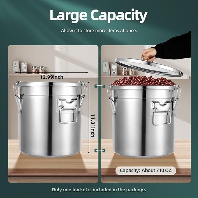 21L/4.62gal Stainless Steel Airtight Canister, Food Storage Canisters with Airtight Lid&Locking Clamp, Rice Cereal Grain Canisters Container, Storager Bucket for Flour, Coffee Bean, Sugar, Cookie