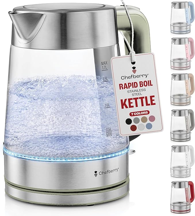 Electric Kettle for Boiling Hot Tea & Water | 1.7L Stainless Steel Borosilicate Glass Boiler With No Plastic, Automatic Shutoff, BPA Free, Fast Heating Technology (Green)