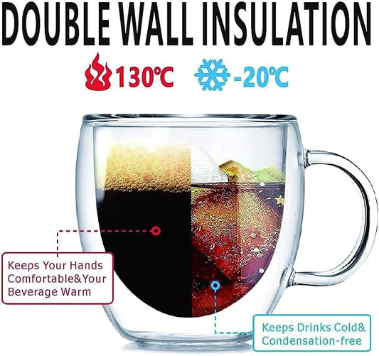 Espresso Cups Set Of 2, Double Walled Glass Coffee Mugs with Handle,Insulated Layer Coffee Cups,Clear Borosilicate Glass Mugs,Perfect for Cappuccino,Tea,Latte,Espresso (8oz-2Pack)