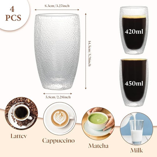 Double Wall Glass Coffee Mugs Set, Clear Insulated Glass Mugs for Hot Beverages, Suitable for Tea, Latte, Espresso, Cappuccino (15oz(4-pack))