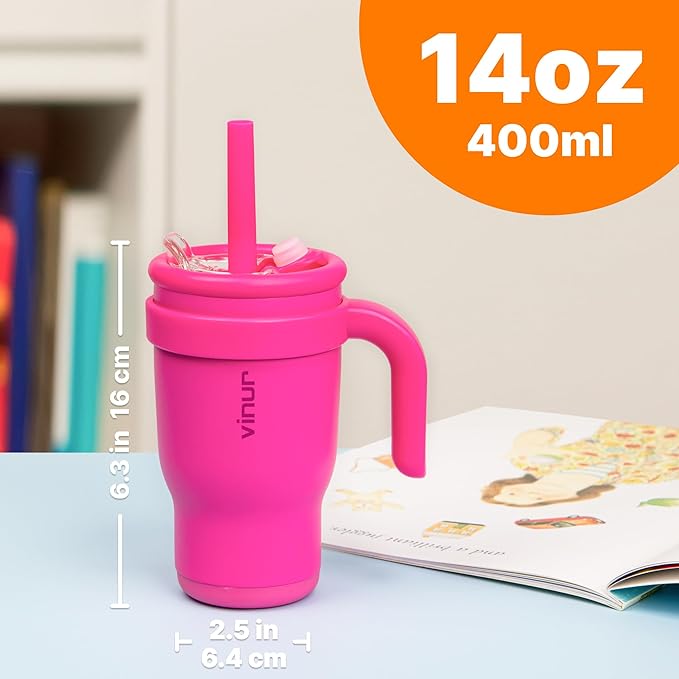 VINUR 14 oz Kids Tumbler with Handle Stainless Steel Double Wall Vacuum Insulated Tumbler Travel Water Drink Cup with Lid and Straw(Rose Pink)
