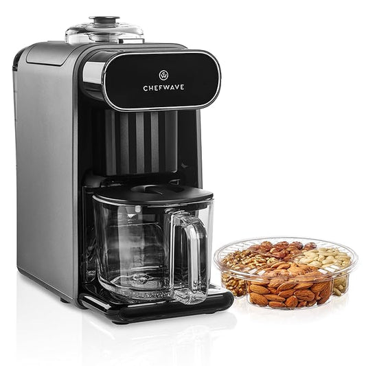 ChefWave Milkmade Soy Milk Maker (Silver/Black) 6-in-1 Vegan Plant-Based Milk Machine with Auto Clean, and Delay Start, Almond, Oat, Soy, Cashew, Coconut, Macadamia Milk Maker with Nut Platter