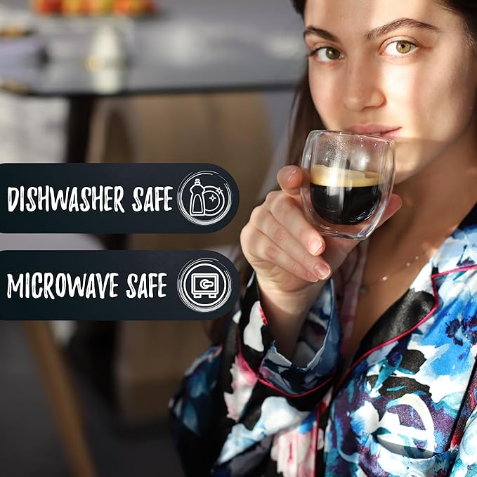 Bacimi® Double Wall Insulated Coffee Mugs (Set of 4 / 5oz) - Clear Borosilicate Cups - Thermal Drinking Cups for Espresso, Cappuccino, Latte, Tea, Hot Beverage, Wine - Microwave Safe