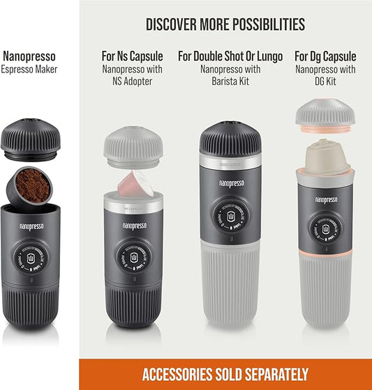 WACACO Nanopresso Portable Espresso Machine, Evolution of the Minipresso, Maximum Pressure 18 Bar, Travel Coffee Maker, No Need for Battery, Manual Operated, Grey