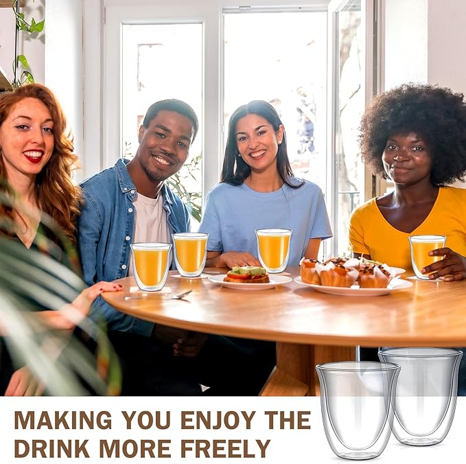 Sieral 8 Pack 8 oz Double Walled Coffee Mugs Glass Espresso Cups without Handle Clear Insulated Demitasse Cups for Cappuccino Tea Latte Beverages