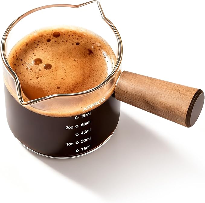 YARRAMATE 2.5 oz/75ML Espresso Cups with Wood Handle, Clear Glass Espresso Accessories, Double Spout Measuring Cup with Dual Scale, Espresso Shot Glass with V-Shaped Spout, Dishwasher Safe