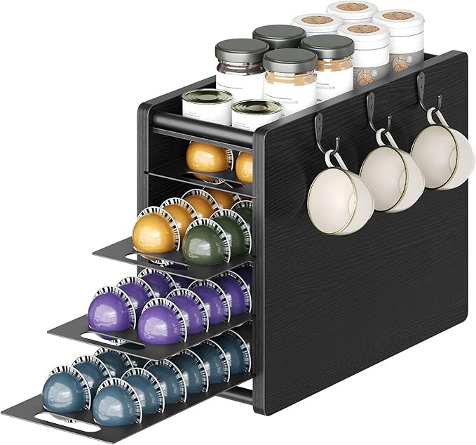 Coffee Pod Drawer Holder, 72 Pods Large Capacity, 4 Tier Holder for Vertuo, Coffee Pod Organizer for Countertop, Storage Rack for Nespresso Vertuo Pods, Space Saving, Black KH06BB