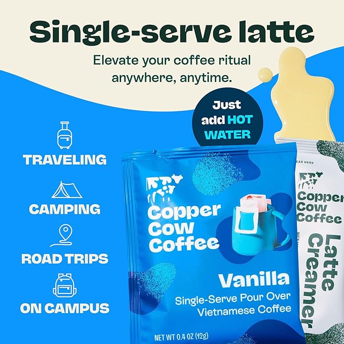 Copper Cow Vietnamese Coffee Variety Pack (15 Coffees & 15 Creamers)| Classic, Vanilla, & Salted Caramel Latte | Pour Over Single-Serve Lattes, No Refrigeration Needed, Travel Friendly Ground Coffee