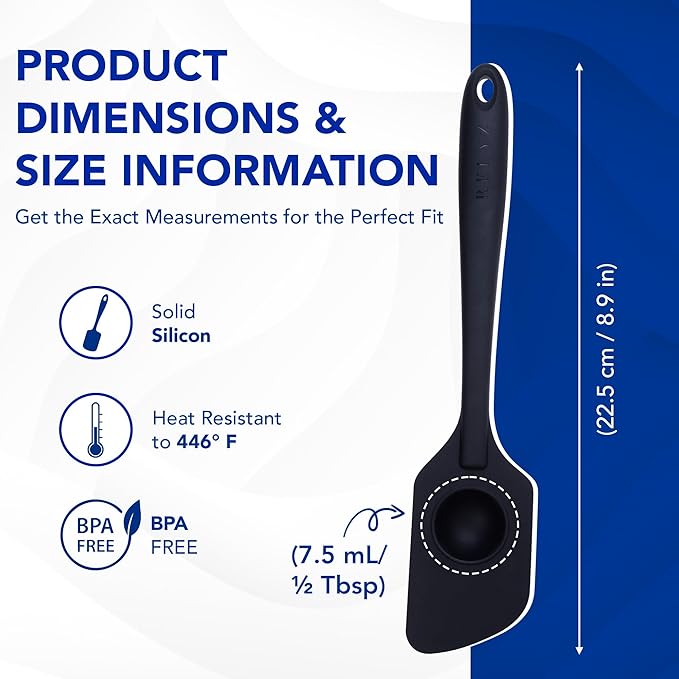 Silicone Spatula with Built-In ½ Tbsp Measuring Scoop, Heat-Resistant & Non-Stick Kitchen Spatula, BPA-Free Baking Utensils, One-Piece Flexible Design, Ergonomic Grip, Dishwasher Safe Cooking Tool
