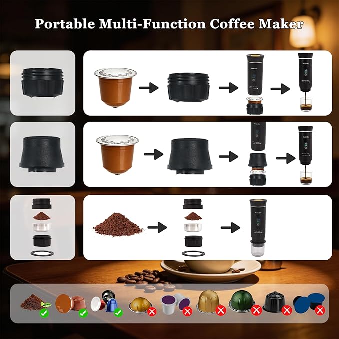 Espresso machine Portable coffee maker Small battery-powered coffee cup Self-heating portable espresso capsule machine,3-IN-1 Compatible with ground coffee and capsules Great for hiking and camping
