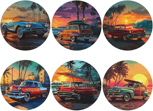 Car Print Coasters for Drinks with Holder Round Leather Coasters Set of 6 Cups Mugs Mat Pad for Home Kitchen Bar
