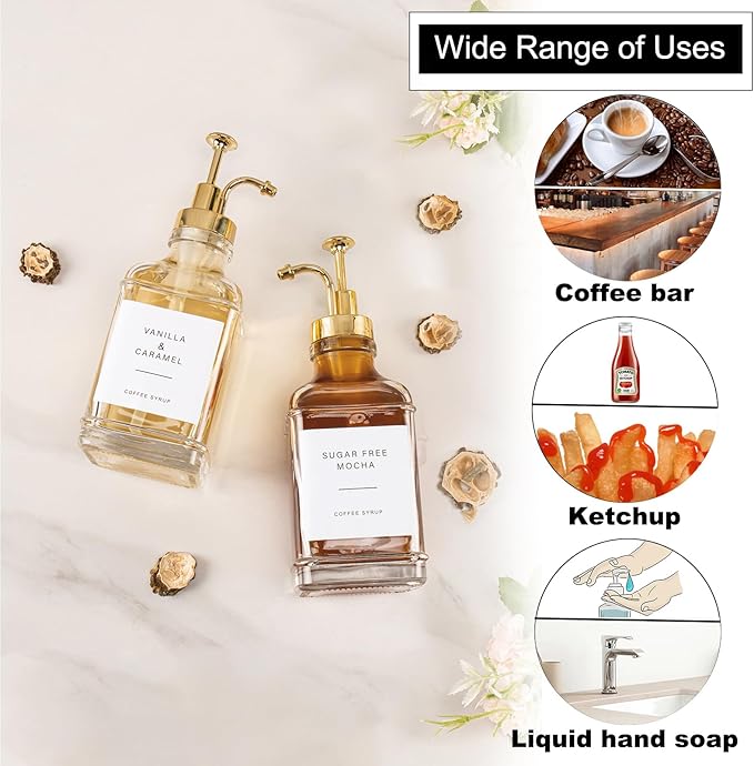 BathAce Coffee Syrup Dispenser for Coffee Bar, Clear Glass Syrup Bottles with Pump, Refillable Maple Syrup Storage, Coffee Station Accessories and Organizer, 500ml, Set of 2 (Gold)