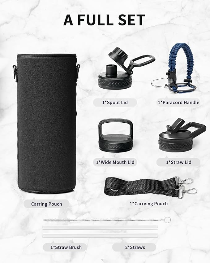 Trebo Water Bottle 40oz with Paracord Handle, Half Gallon Large Vacuum Double Wall Stainless Steel Insulated Water Jug with Holder Strap Straw Spout Lids, Leakproof Keep Cold & Hot,Classic Blue
