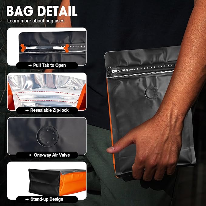 Coffee Bags with Valve(60pcs,16oz,1lb) Vented Coffee Beans Packaging Bags High Barrier Aluminumed Foil Flat Bottom Heat Sealed Side Zipper Resealable Storage Bag for Home or Business（Black+Orange）