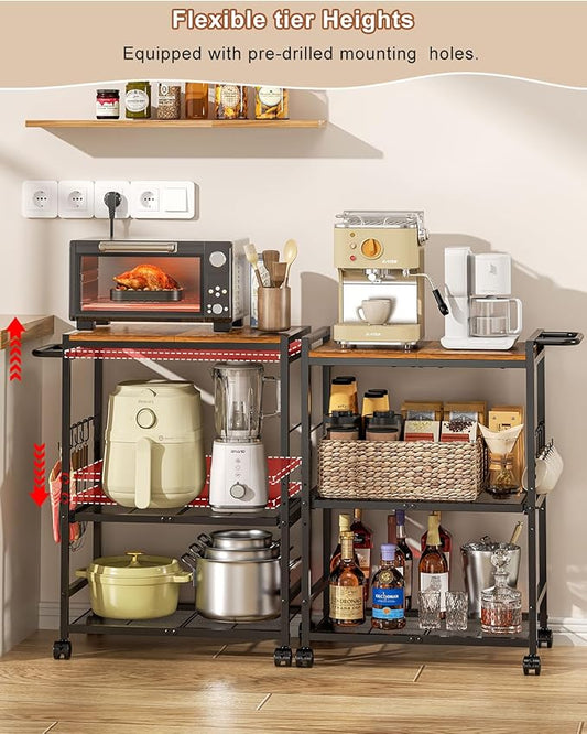 Kitchen Cart with Adjustable Shelves 3-Tier, Rolling Microwave Cart with Push Handle, Microwave Storage Stand with Drawer Slider Shelf, Utility Cart for Kitchen, Restaurant, Living Room, Office