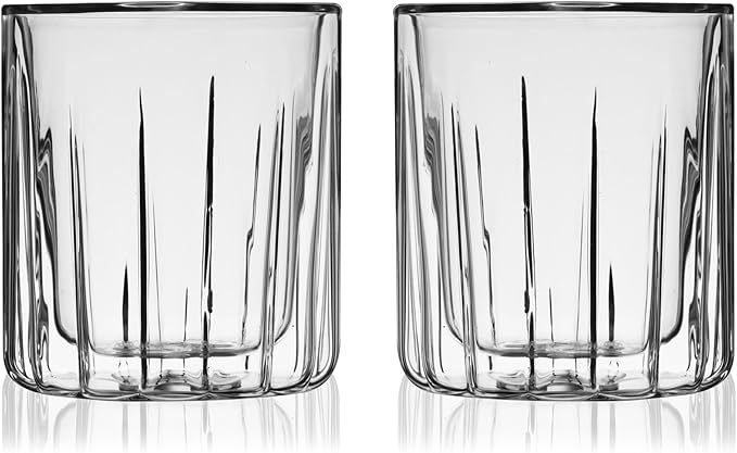 Viski Double Walled Rocks Glasses - Insulated Whiskey Tumblers with Cut Crystal Design - Dishwasher Safe 10.5oz Set of 2