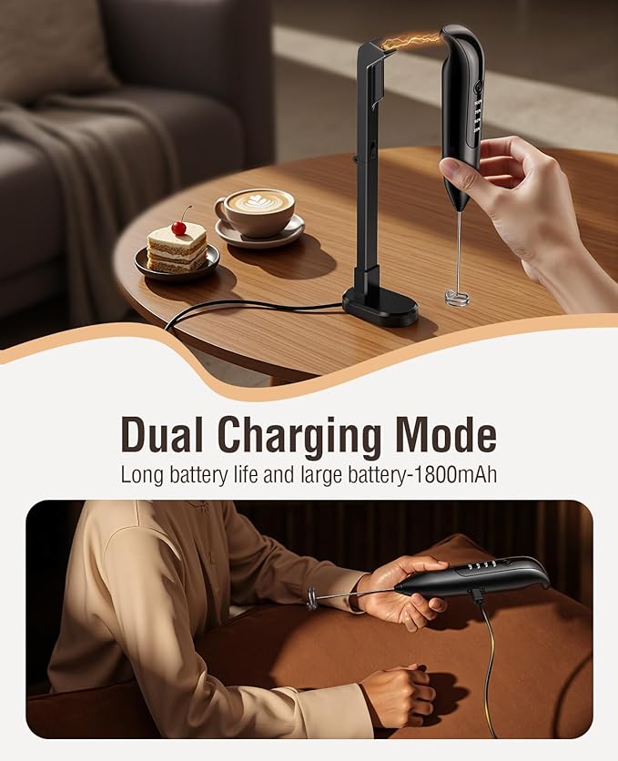 Electric Milk Frother Handheld: coffee frother rechargeable 3 in 1 - LED Display, Wireless Charging - 3 Speeds, Stainless Steel Whisk for Latte, Cappuccino - Jet Black