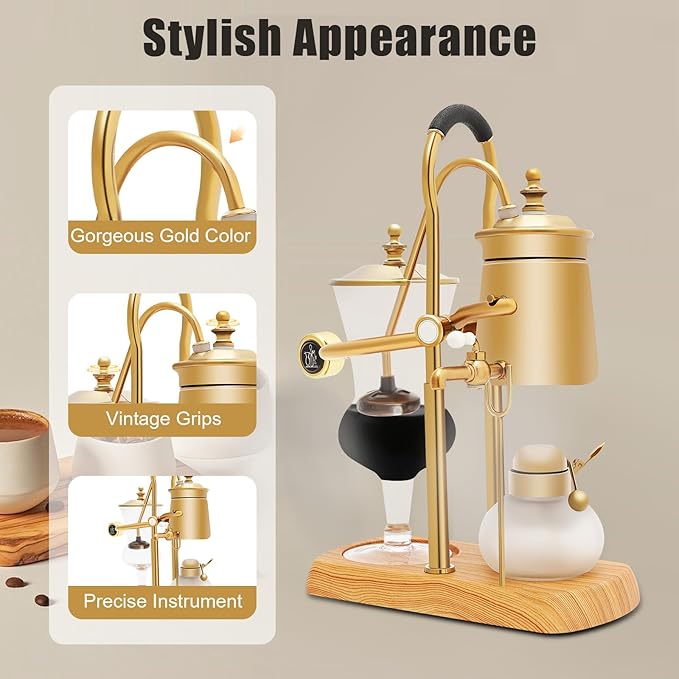 Belgian Belgium Royal Family Balance Syphon Siphon Coffee Maker Vacuum Brewing System, Vintage Classic Retro Luxury Exquisite Design, Elegant Double Ridged Fulcrum with Tee handle (Classic Gold)