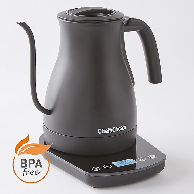 Chef'sChoice Electric Kettle Gooseneck Style Perfect for Pour-Overs Stainless Steel Construction 1200 Watts with Auto-Shutoff & Boil-Dry Protection, 1-Quart, Black