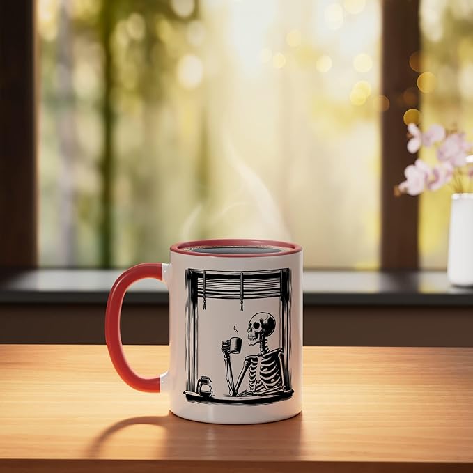 Skeleton Drinking Coffee - Minimalist Graphic Coffee Lover Ceramic Mug, Red/White