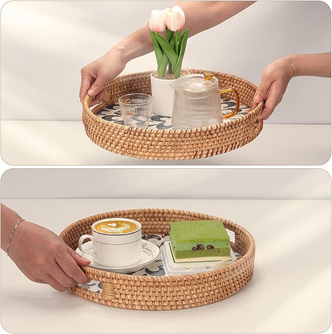 YANGQIHOME Round Serving Tray with Handle, Rattan Tray with Decorative Mother of Pearl Inlay, Round Wicker Trays for Home Decor, Coffee Table, Gifts, Dining, 11.8 inch