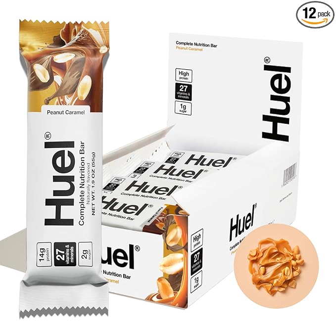Huel Complete Nutrition Vegan Protein Bars | Peanut Caramel | 13g Protein | 27 Vitamins & Minerals, 2g Sugar, Non-GMO, 100% Plant Based Snack | 12 Pack