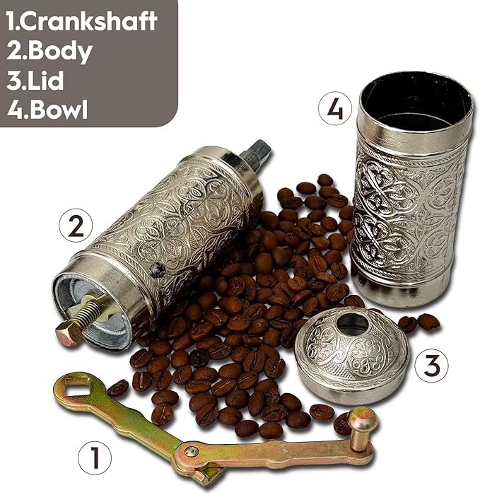 Handmade Turkish Pepper & Coffee Grinder, Refillable Turkish Spice Mill with Adjustable Coarseness, Manual Coffee Mill with Handle, Coffee Grinder Metal with Hand Crank 22 cm-8.66 inch (Silver)