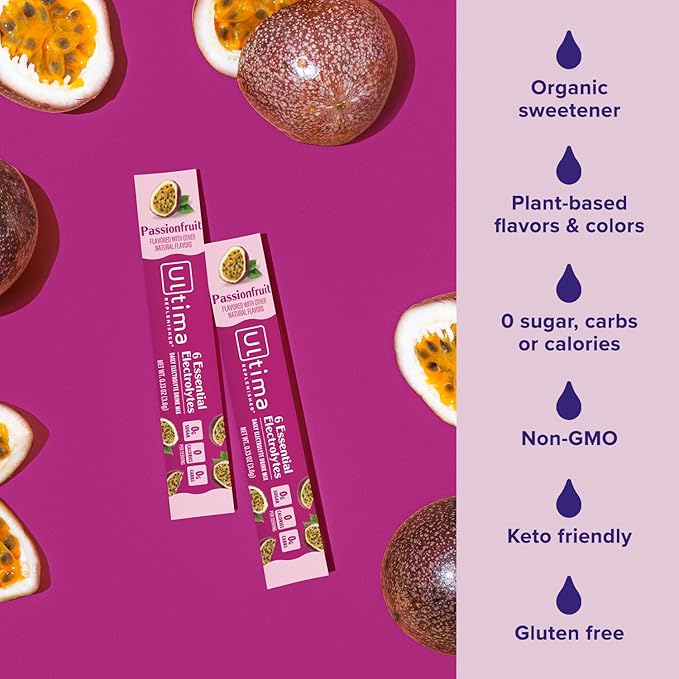 Ultima Replenisher Daily Electrolyte Powder – Passionfruit, 20 Stickpacks – Zero Sugar Hydration Packets with 6 Electrolytes and Minerals – Sugar Free, Plant Based & Keto Friendly Drink Mix