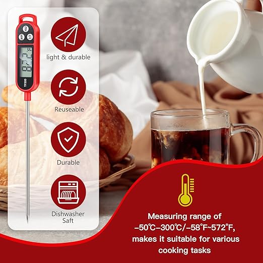 Copkim 6 Pcs Meat Thermometer Food Thermometer with Probe Water Liquid Instant Read Digital Thermometer Cooking Thermometer Supplies BBQ Kitchen Thermometer for Cooking Milk Yogurt (Red)