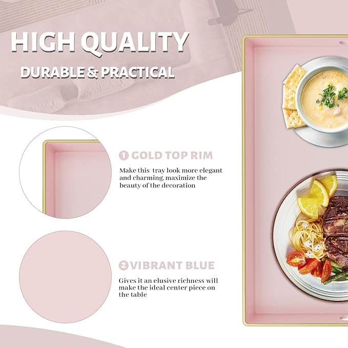 MAONAME Decorative Tray, Pink Serving Tray with Handles, Coffee Table Trays, Square Plastic Trays for Ottoman, Bathroom, Kitchen, 13" x 13" x 1.57"