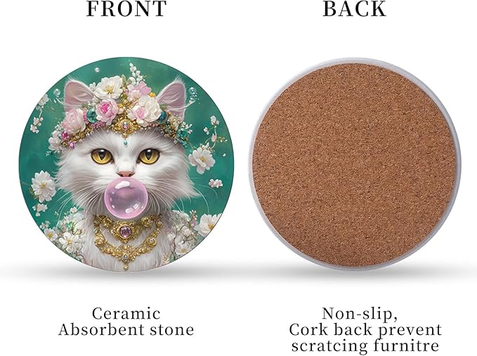 Puraikcmi Cat Lover Coasters Set of 6 with Holder, Ceramic, Multicolor, Funny Cat Designs, Drink Coasters for Table, Office, Desk, Bar, Gift