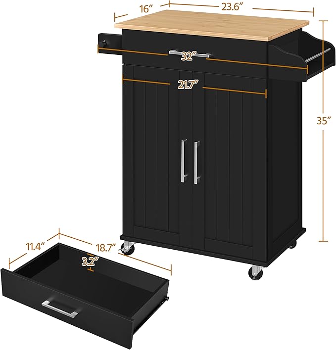 Yaheetech Kitchen Island on Wheels with Storage Cabinet, Rolling Kitchen Cart with Bamboo Top & Drawer & Spice Rack Towel Bar, Microwave Stand Cart for Kitchen/Dining Room, Black