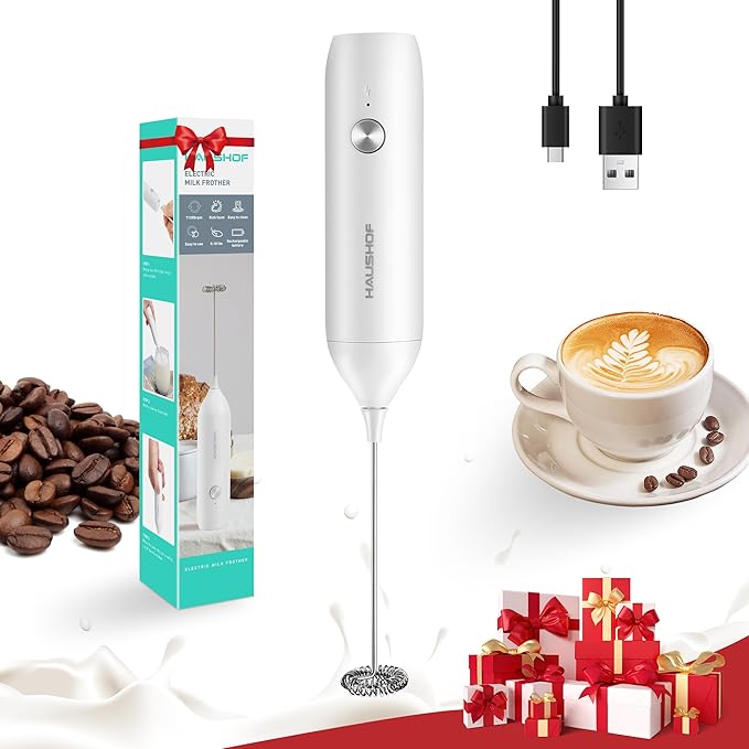 HAUSHOF Powerful Rechargeable Milk Frother Wand, Handheld Electric Foam Maker, Drink Mixer with Detachable Stainless Steel Whisk for Coffee Latte, Cappuccino, Matcha, No Stand, White