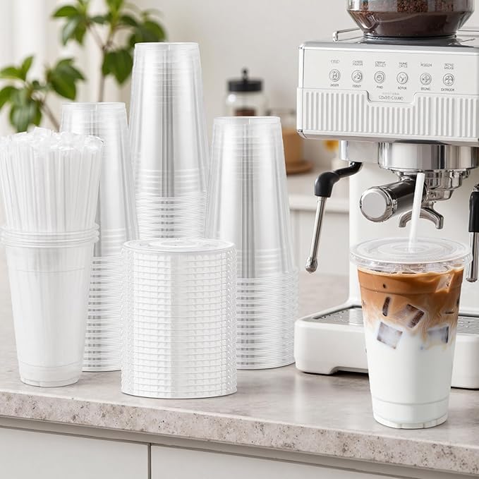 Lamosi 50 Pack 20 oz Clear Plastic Cups with Lids and Straws, Disposable Plastic Coffee Cups with Lids for Iced Coffee, Cold Beverages, Smoothies and To-Go Drinks