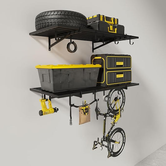 2-Pack 2x4ft Garage Shelving Wall Mounted, 24x43 inch Wall Shelf Heavy Duty Garage Storage Shelves Floating Shelves with Hooks, 500LB Capacity