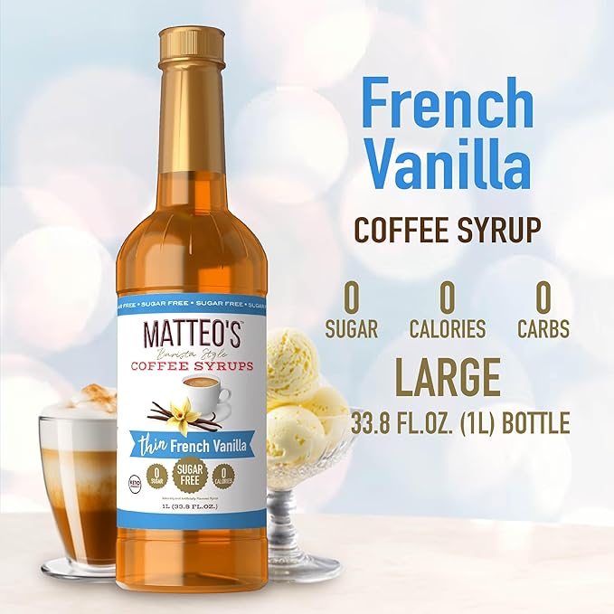 Matteo's French Vanilla Syrup for Coffee, Lattes, Cappuccinos & Desserts – Sugar-Free Sweetener for Beverages, Keto Friendly, Zero Calories, Indulgent Flavor, Non-Alcoholic, 33.8oz (1pk)
